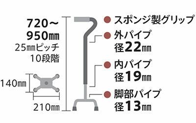 非課税】アルミ製四点杖伸縮・スモールベース 多点杖 4点杖 スポンジ製
